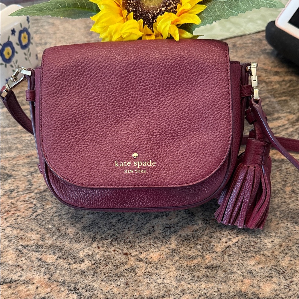 kate spade Pebbled Leather Crossbody in Burgundy with Tassel